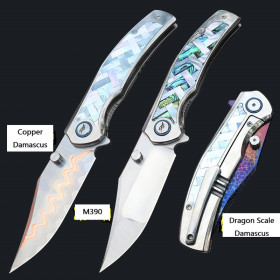 M390 Blade Deep Sea Shell Abalone Braided Handle Pocket Folding Knife UD408894